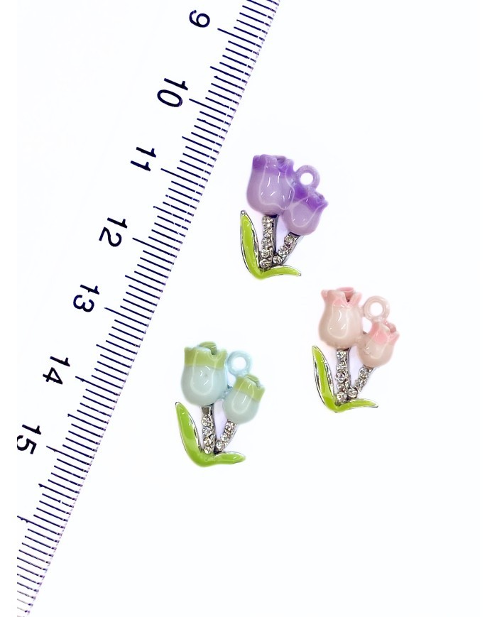 Pirinç Zirkon Taşlı Lale Kolye Bileklik Ucu Charm Pembe 1 Adet