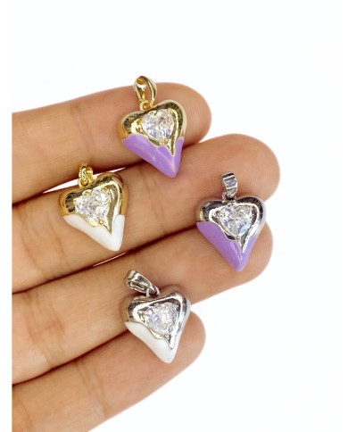Pirinç Zirkon Taşlı Kalp Kolye Bileklik Ucu Charm Gümüş Mor 1 Adet
