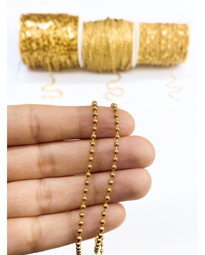 Çelik Top Zincir Kolye Bileklik Altın Renk 2x2mm - 1m