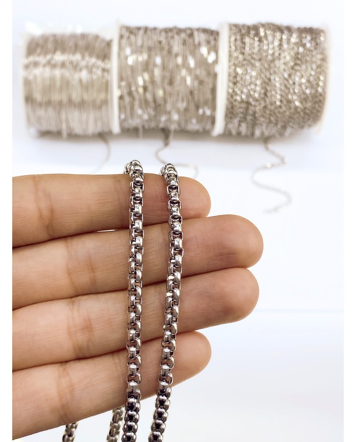 Çelik Geçmeli Kare Zincir Kolye Bileklik Nikel Renk 4x4mm - 1m