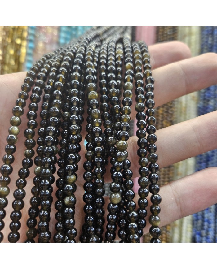 İpe Dizili Doğal Taş Boncuk - Obsidyen - 4mm