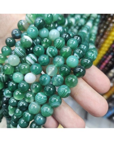 İpe Dizili Doğal Taş Boncuk - Yeşil Tonlarda Çizgili Akik - 10mm