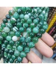 İpe Dizili Doğal Taş Boncuk - Yeşil Tonlarda Çizgili Akik - 10mm