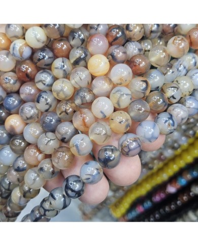 İpe Dizili Doğal Taş Boncuk - Toprak Tonlarda Desenli Akik - 10mm