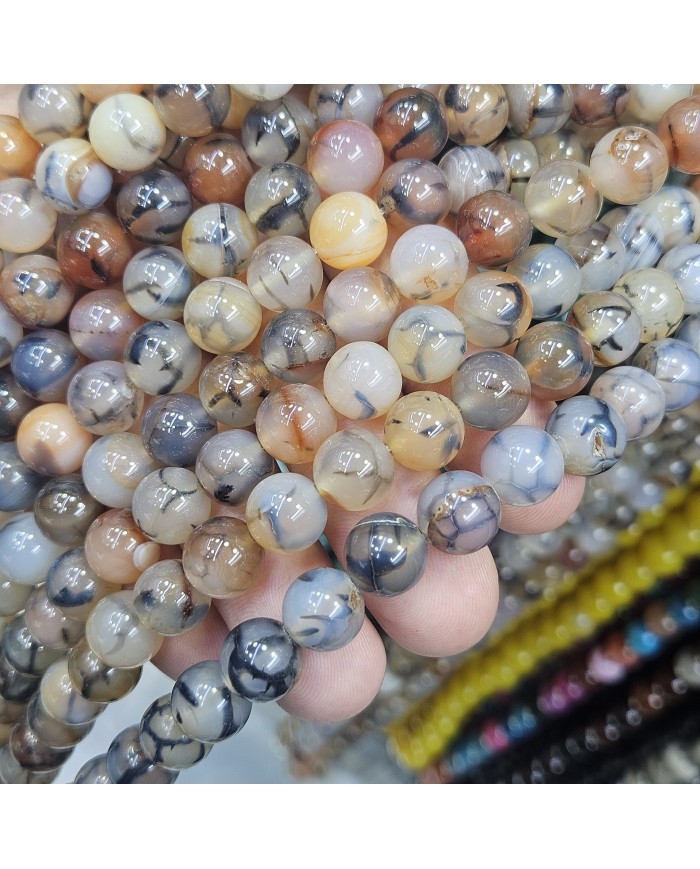 İpe Dizili Doğal Taş Boncuk - Toprak Tonlarda Desenli Akik - 10mm