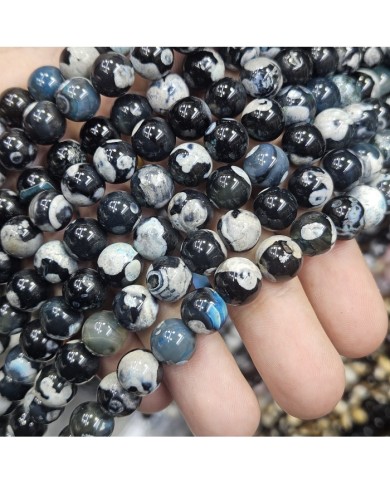 İpe Dizili Doğal Taş Boncuk - Siyah Beyaz Desenli Akik - 10mm