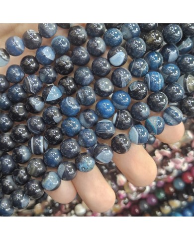 İpe Dizili Doğal Taş Boncuk - Lacivert ve Siyah Bantlı Akik - 10mm