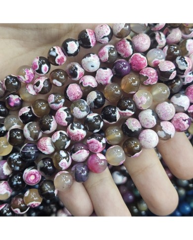 İpe Dizili Doğal Taş Boncuk - Pembe Beyaz ve Kahverengi Desenli Akik - 10mm