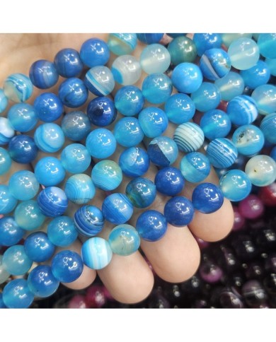 İpe Dizili Doğal Taş Boncuk - Çizgili ve Desenli Mavi Akik - 10mm