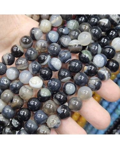 İpe Dizili Doğal Taş Boncuk - Dumanlı Siyah Akik - 12mm