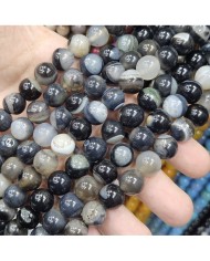 İpe Dizili Doğal Taş Boncuk - Dumanlı Siyah Akik - 12mm