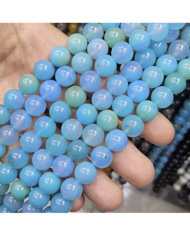 İpe Dizili Doğal Taş Boncuk - Opak Mavi Akik - 12mm