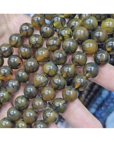 İpe Dizili Doğal Taş Boncuk - Sarımsı Yeşil Akik - 12mm