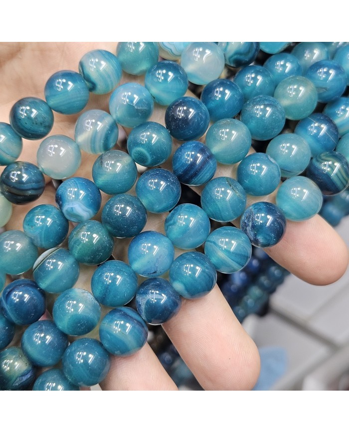 İpe Dizili Doğal Taş Boncuk - Mavi Akik - 12mm