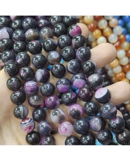 İpe Dizili Doğal Taş Boncuk - Mor ve Siyah Akik - 12mm