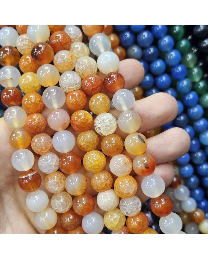 İpe Dizili Doğal Taş Boncuk - Turuncu ve Beyaz Akik - 12mm