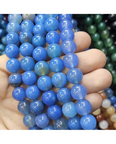 İpe Dizili Doğal Taş Boncuk - Mercan Mavi Akik - 12mm