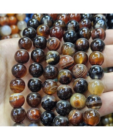 İpe Dizili Doğal Taş Boncuk - Kahverengi ve Siyah Damarlı - 12mm