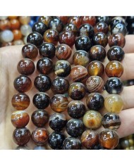 İpe Dizili Doğal Taş Boncuk - Kahverengi ve Siyah Damarlı - 12mm