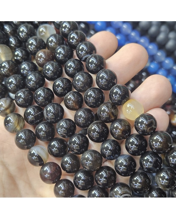 İpe Dizili Doğal Taş Boncuk - Siyah ve Açık Kahverengi Damarlı - 12mm