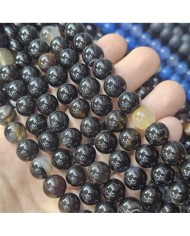 İpe Dizili Doğal Taş Boncuk - Siyah ve Açık Kahverengi Damarlı - 12mm