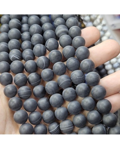 İpe Dizili Doğal Taş Boncuk - Mat Siyah ve Beyaz Damarlı - 12mm