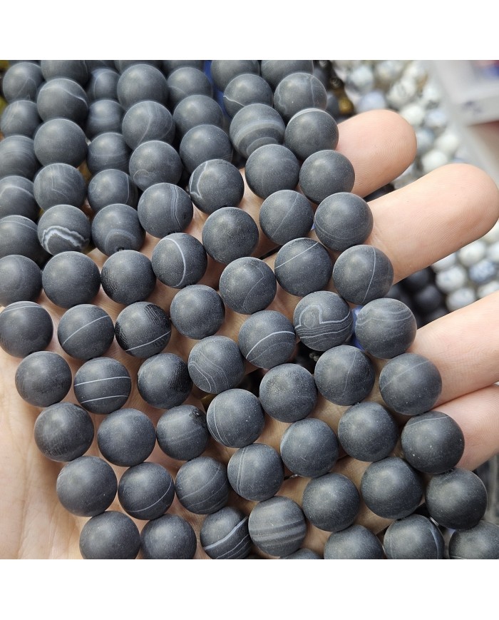 İpe Dizili Doğal Taş Boncuk - Mat Siyah ve Beyaz Damarlı - 12mm