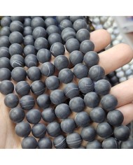 İpe Dizili Doğal Taş Boncuk - Mat Siyah ve Beyaz Damarlı - 12mm