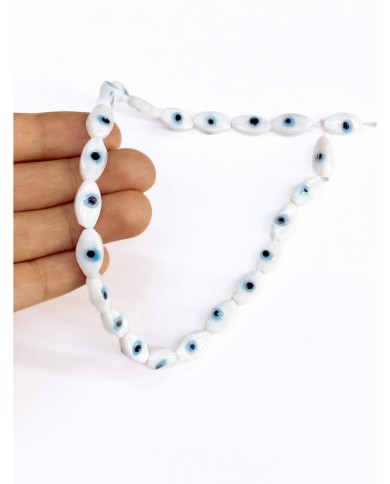 İpe Dizili Seramik Boncuk Beyaz Badem Göz 14mm - 1 Dizi