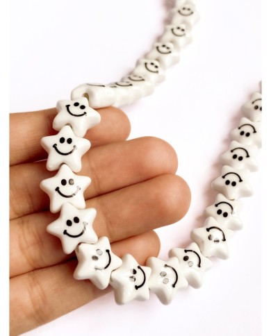 İpe Dizili Seramik Boncuk Beyaz Güleryüzlü Yıldız 12mm - 1 Dizi