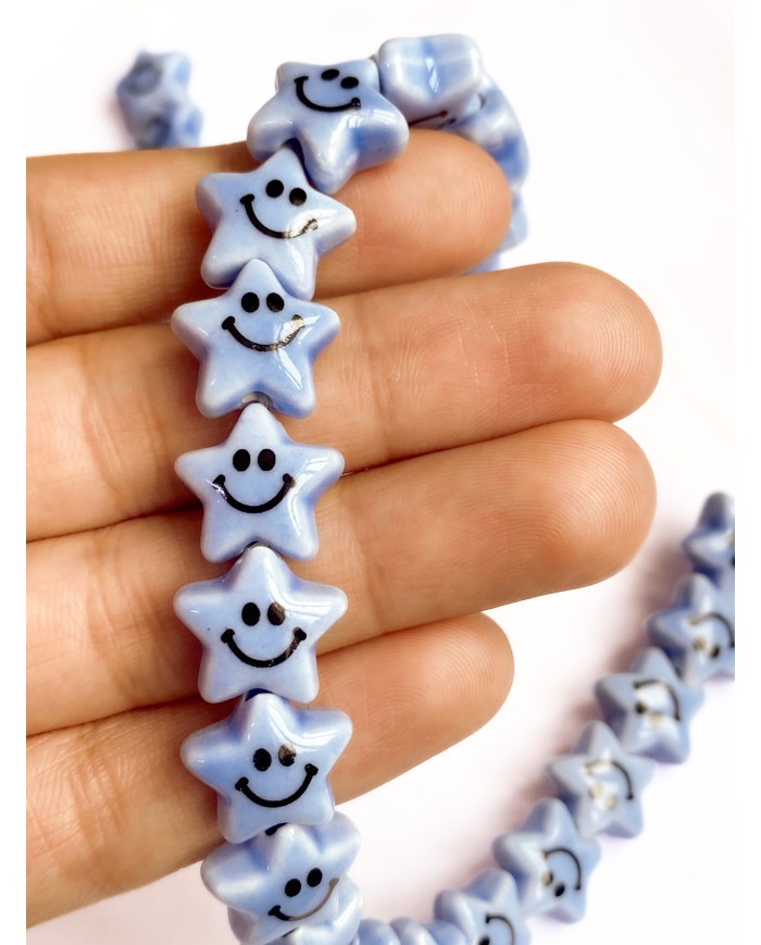 İpe Dizili Seramik Boncuk Mavi Güleryüzlü Yıldız 12mm - 1 Dizi