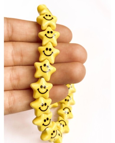 İpe Dizili Seramik Boncuk Sarı Güleryüzlü Yıldız 12mm - 1 Dizi