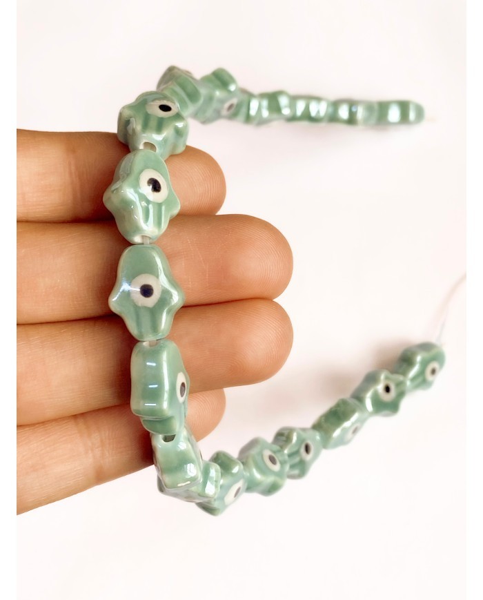 İpe Dizili Seramik Boncuk Yeşil Hamsa El 15mm - 1 Dizi