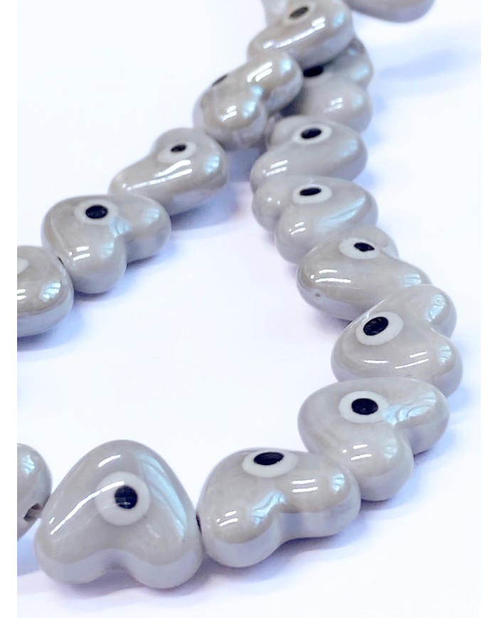 İpe Dizili Seramik Boncuk Gri Nazar Boncuklu Kalp 15mm -1 Dizi