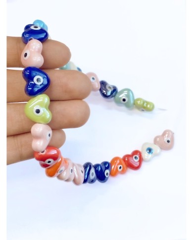 İpe Dizili Seramik Boncuk Renkli Nazar Boncuklu Kalp 15mm - 1 Dizi