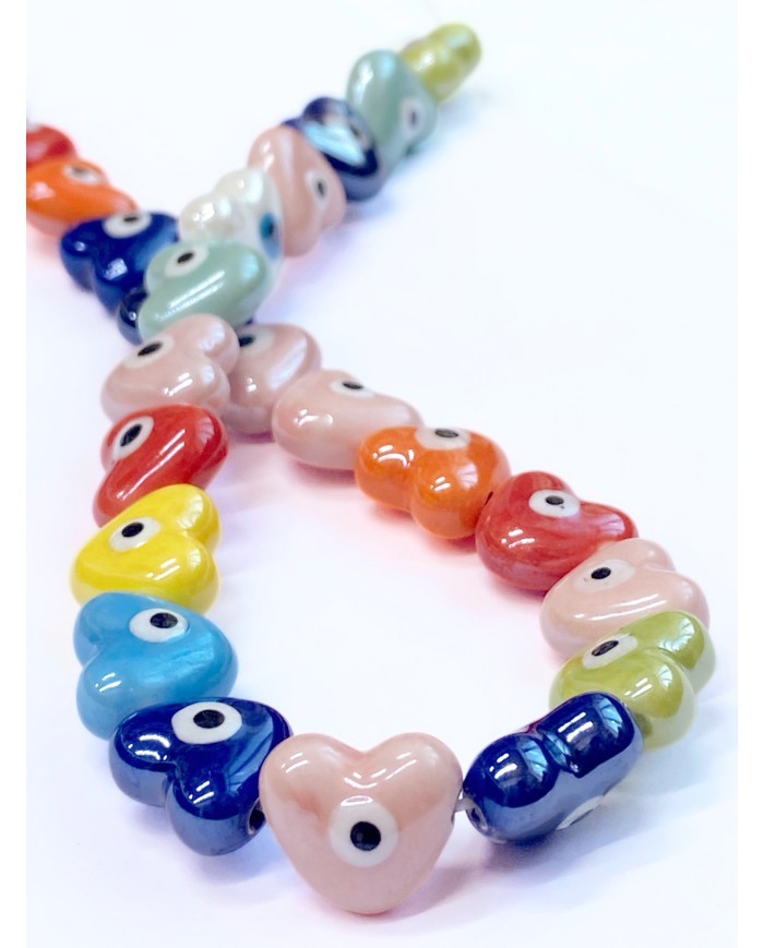 İpe Dizili Seramik Boncuk Renkli Nazar Boncuklu Kalp 13mm - 1 Dizi