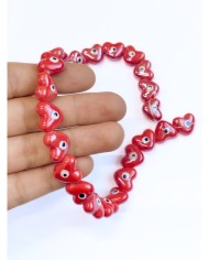 İpe Dizili Seramik Boncuk Kırmızı Nazar Boncuklu Kalp 15mm - 1 Dizi