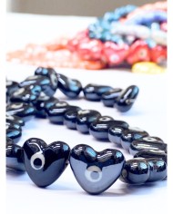 İpe Dizili Seramik Boncuk Siyah Nazar Boncuklu Kalp 15mm - 1 Dizi