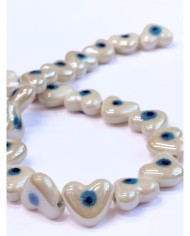 İpe Dizili Seramik Boncuk Beyaz Nazar Boncuklu Kalp 15mm - 1 Dizi