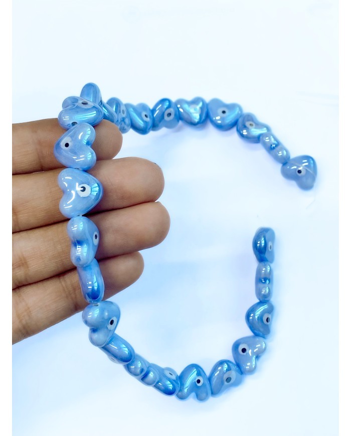 İpe Dizili Seramik Boncuk Nazar Boncuklu Kalp 15mm - 1 Dizi