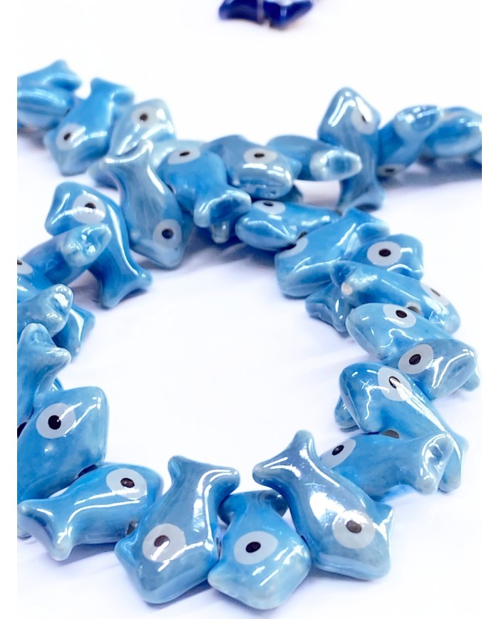 İpe Dizili Seramik Boncuk Mavi Yüzgeçli Balık 12mm - 1 Dizi