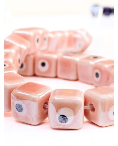 İpe Dizili Seramik Boncuk Pembe Nazar Boncuklu Küp 10mm - 1 Dizi