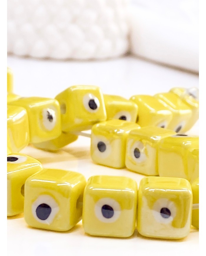 İpe Dizili Seramik Boncuk Sarı Nazar Boncuklu Küp 10mm -  1 Dizi