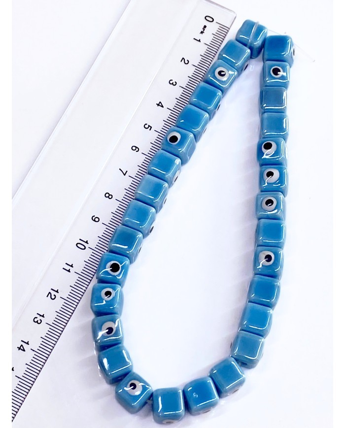 İpe Dizili Seramik Boncuk Mavi Nazar Boncuklu Küp 10mm - 1 Dizi