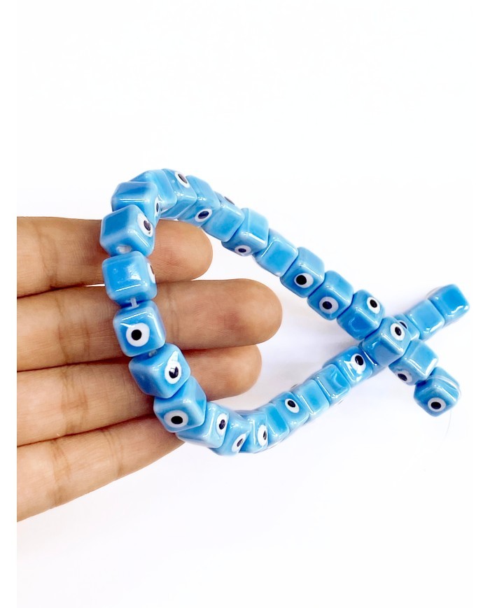 İpe Dizili Seramik Boncuk Mavi Nazar Boncuklu Küp 10mm - 1 Dizi