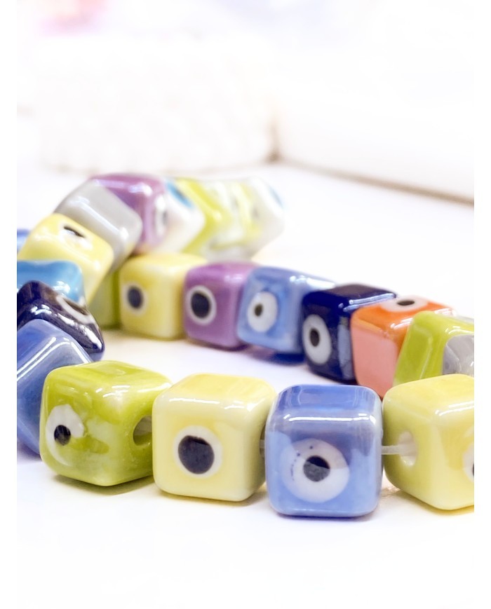 İpe Dizili Seramik Boncuk Renkli Nazar Boncuklu Küp 10mm - 1 Dizi