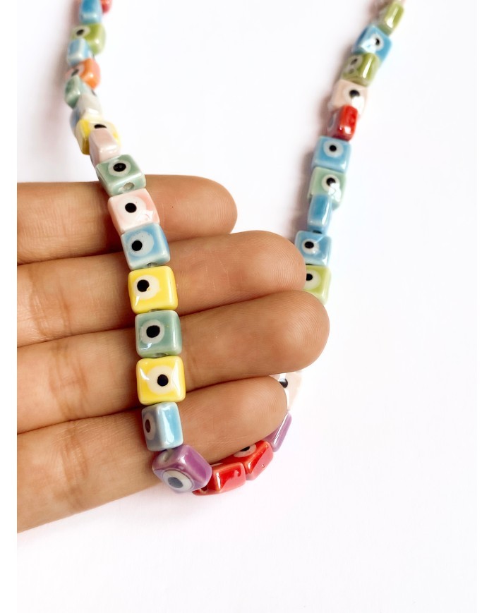 İpe Dizili Seramik Boncuk Renkli Nazar Boncuklu Küp 8mm - 1 Dizi