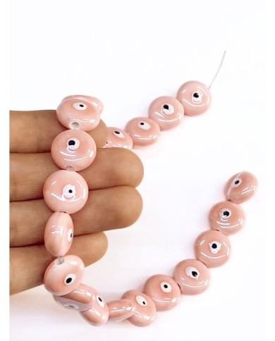 İpe Dizili Seramik Boncuk Pembe Yuvarlak Yassı 15mm - 1 Dizi