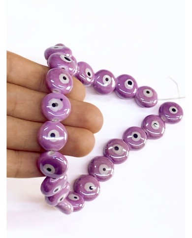 İpe Dizili Seramik Boncuk Mor Yuvarlak Yassı 15mm - 1 Dizi