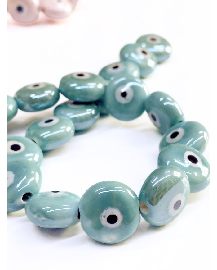 İpe Dizili Seramik Boncuk Yeşil Yuvarlak Yassı 15mm - 1 Dizi